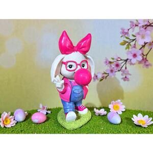 Cute Bunny Figurine with Pink Bow and Glasses